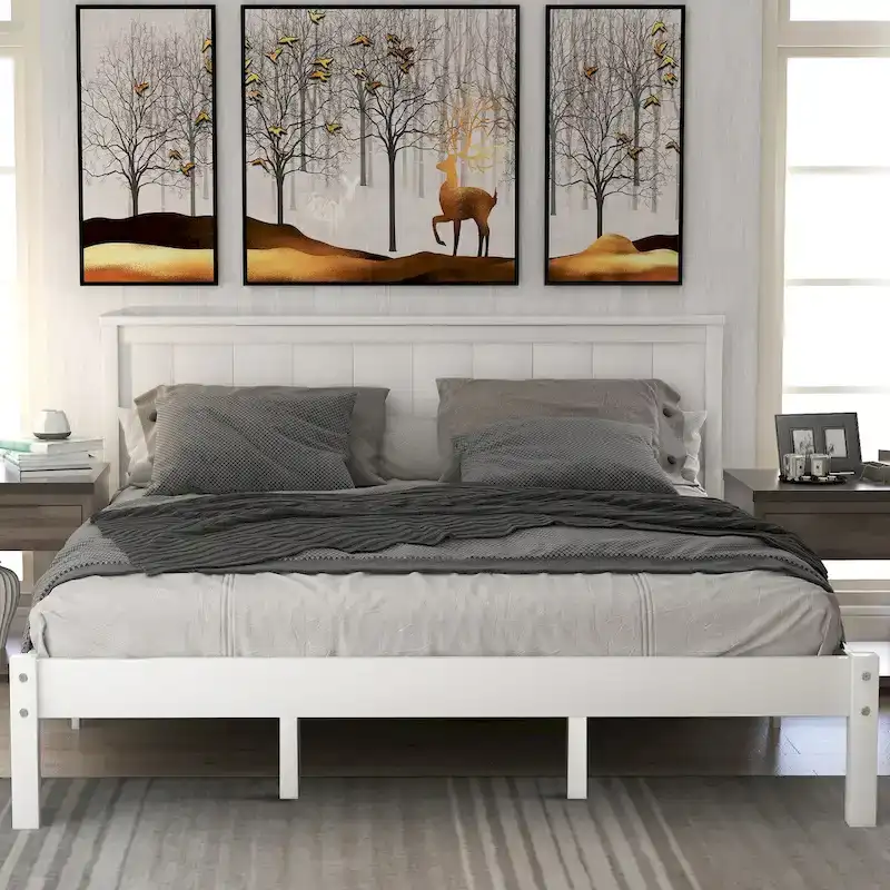 Queen Platform Bed Frame with Headboard and Wood Slat Support