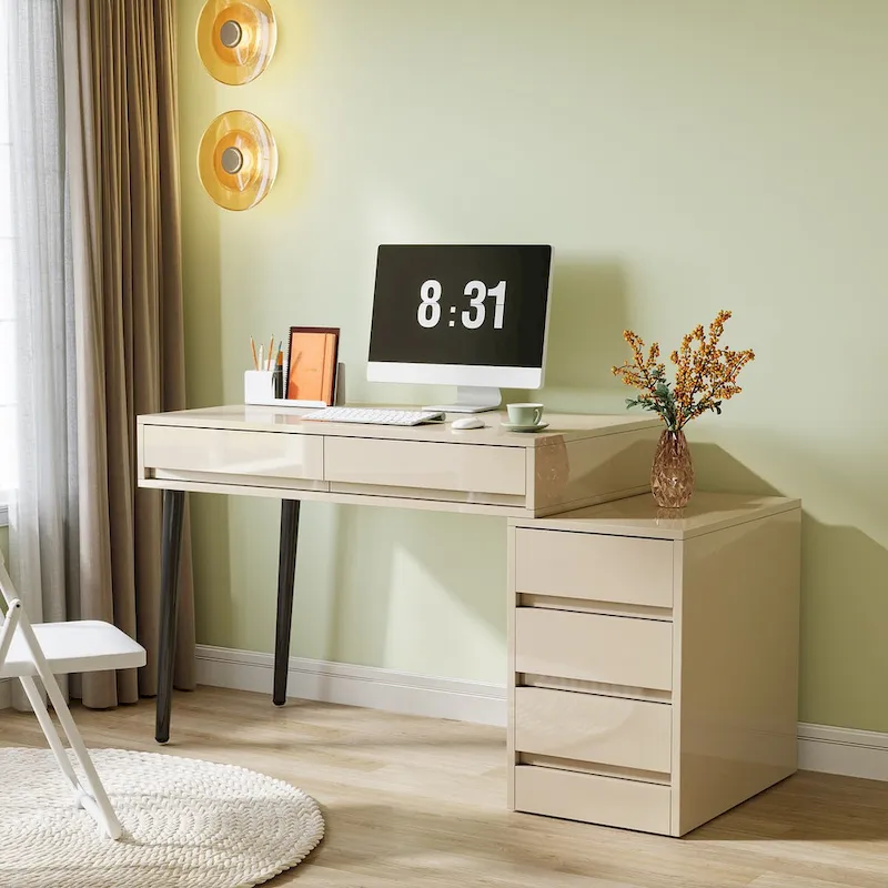 Reversible Computer Desk with 5 Drawers & Printer Stand – High Gloss White
