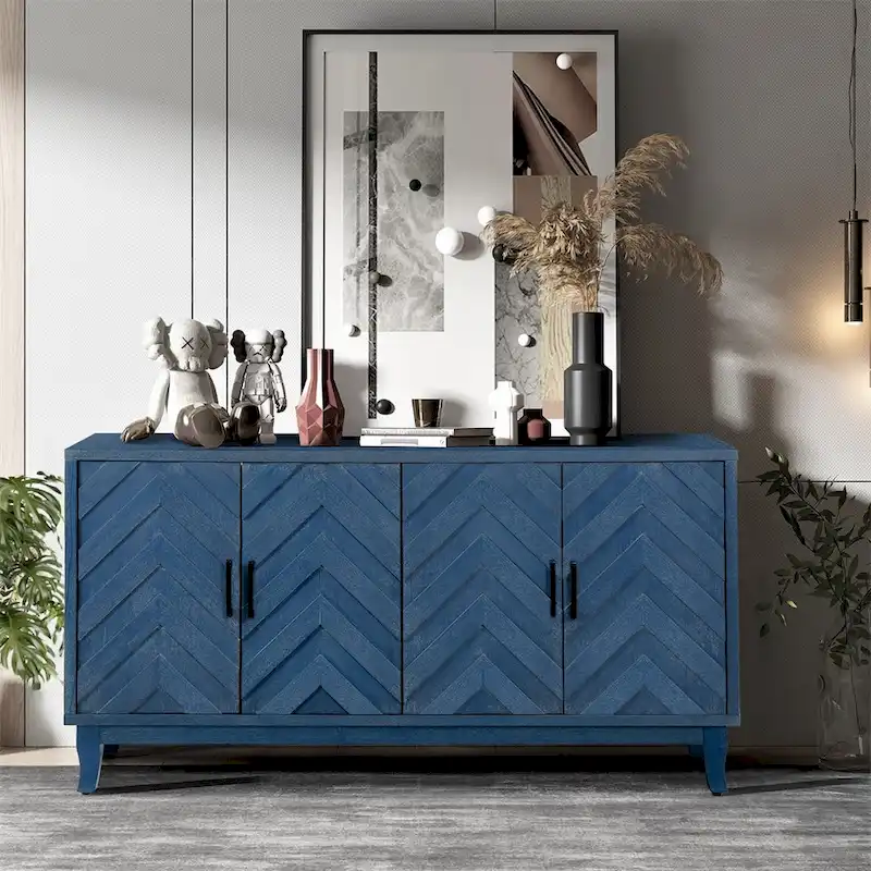 Black / Navy Blue / Brown 4-Door Sideboard, Vintage Style, MDF + Pine