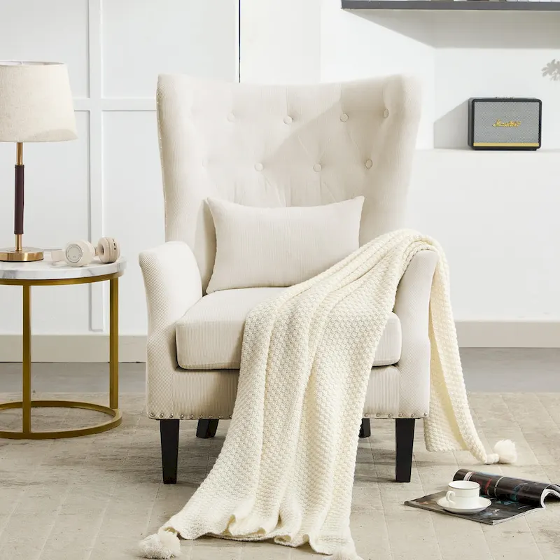 Classic Nailhead Trim Corduroy Wingback Armchair with a Lumbar Pillow and Rubberwood Legs