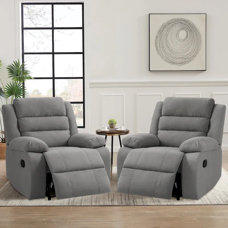 Dark Grey/Beige/Grey Traditional Manual Pushback Recliner Chair Set for 2