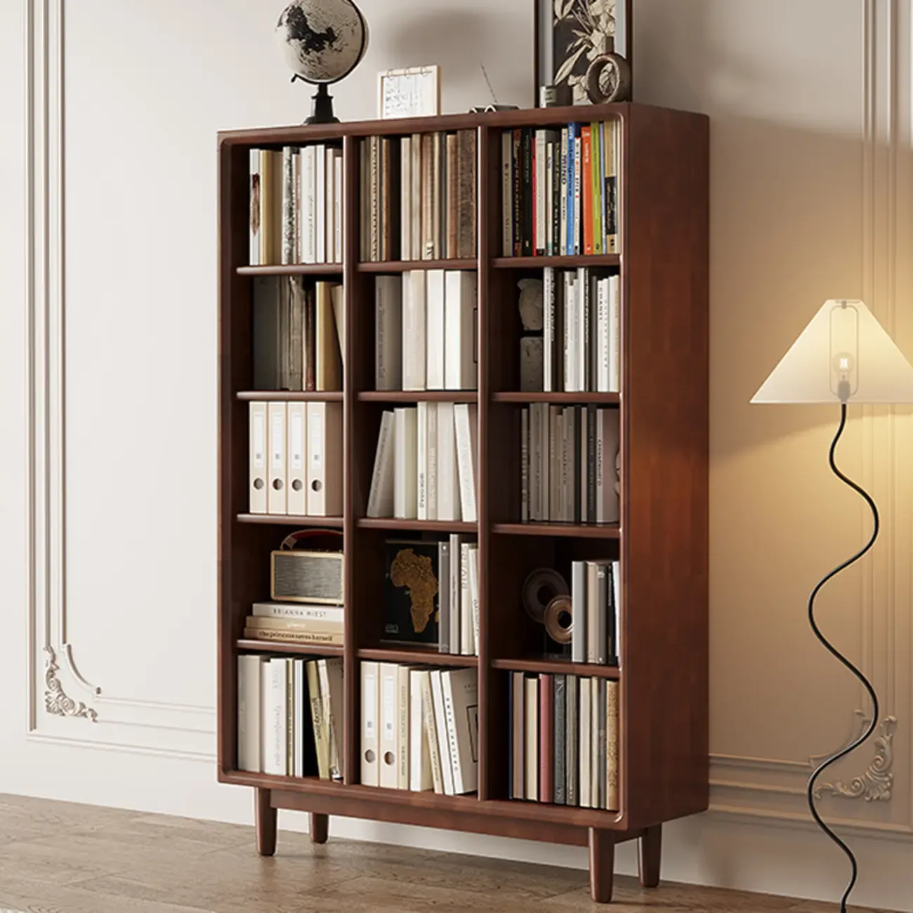 Mid Century Modern Oak Wood Closed Back Standing Bookcase