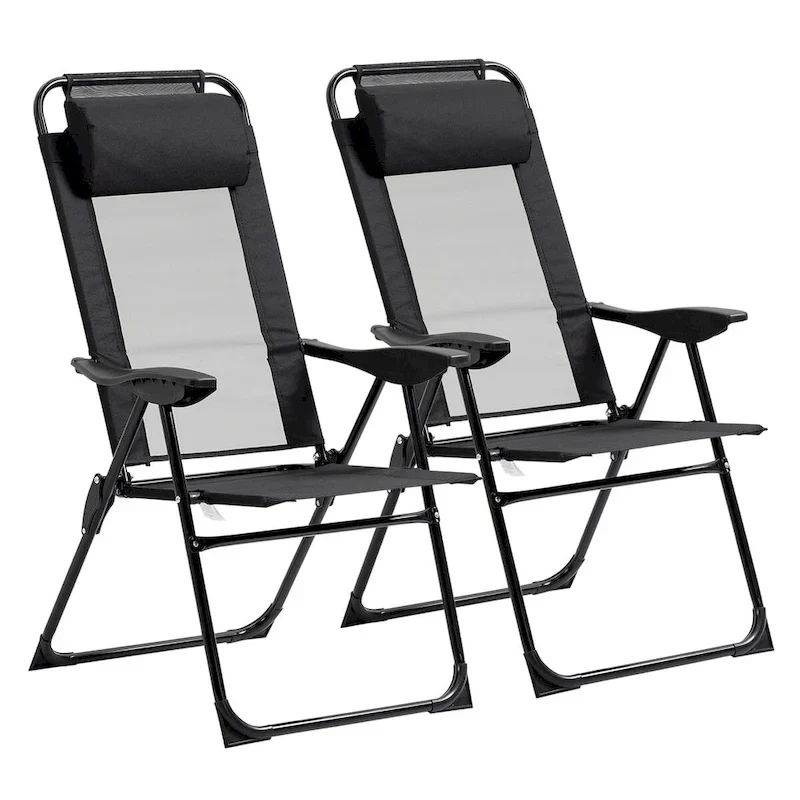 Folding Patio Chairs Set of 2, Deck Chair with Adjustable Sling Back, Camping Chair with Removable Headrest