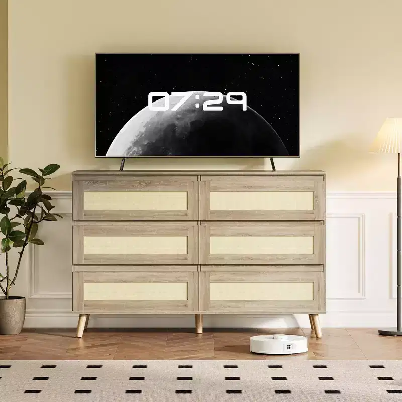 Rattan Dresser for Bedroom with 8 Drawers, 47.2 Wide Chest of Drawers, Modern Wooden Double Dresser TV Stand with Wood Legs