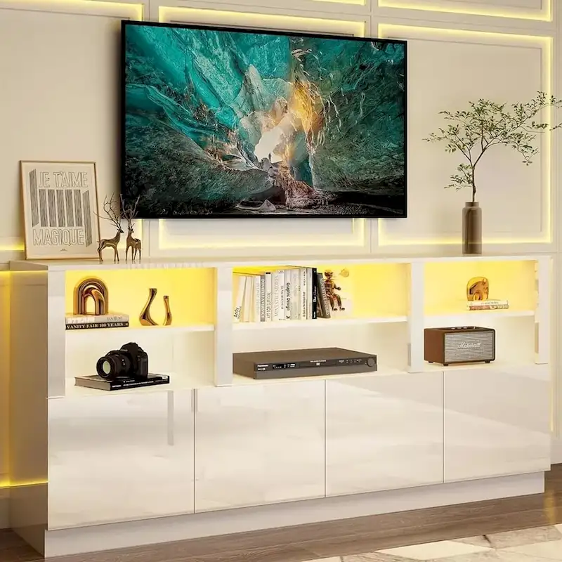 70 Inch High Gloss LED TV Stand with Storage Cabinets, Fits up to 85