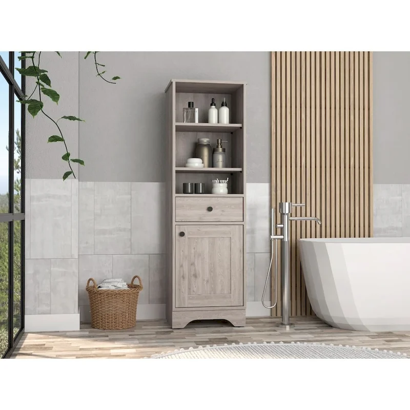 Alaskan Linen Cabinet with Drawer, 3 Open Shelves & Single Door - Light Oak White/Gray - 17.3