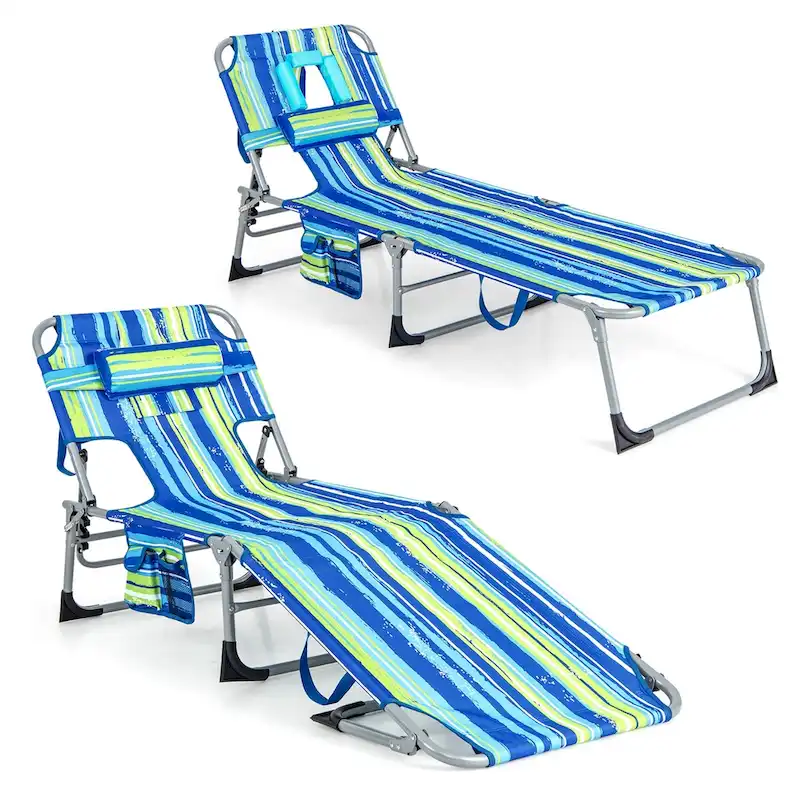1/2PCS Outdoor Beach Chaise Lounge Folding Chair w/ Pillow Blue&Green