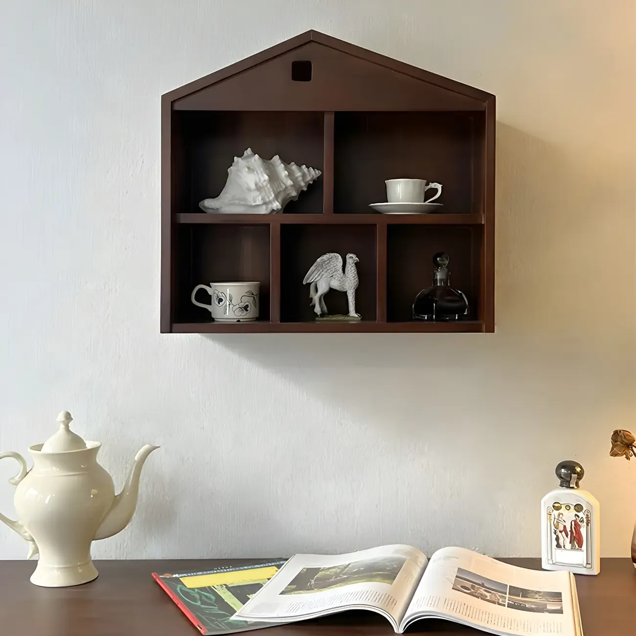 Classicial House-shaped 2 Shelves Floating Wood Display Cabinet