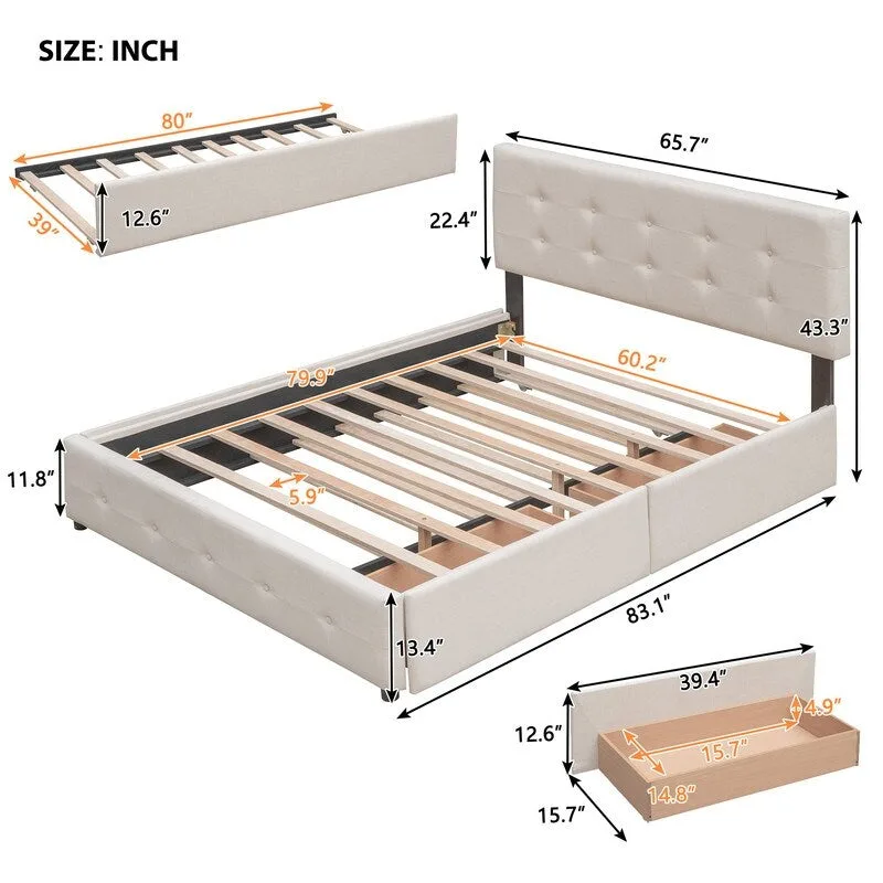 Queen Size Bed with 2 Storage Drawers and a Twin XL Trundle, Upholstered Platform Queen Bed Frame with Tufted Headboard