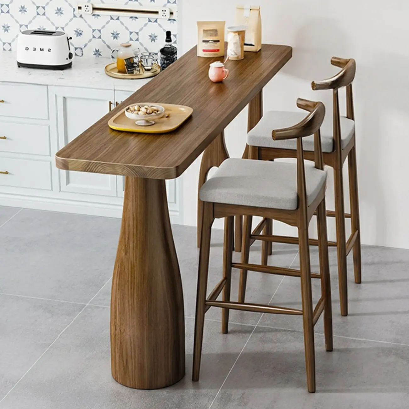 Modern Pine Wood Bar Set with Upholstered Chairs