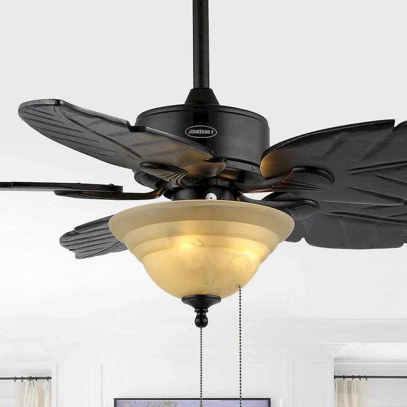Owen 52  3-Light Coastal Bohemian Iron/Wood Palm Leaf LED Ceiling Fan with Pull Chain, by JONATHAN Y