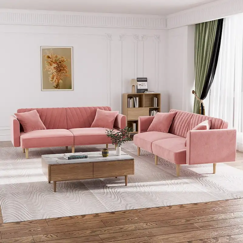 Ouyessir Upholstered Tufted Convertible Futon Sofa Bed with Foldable Armrest