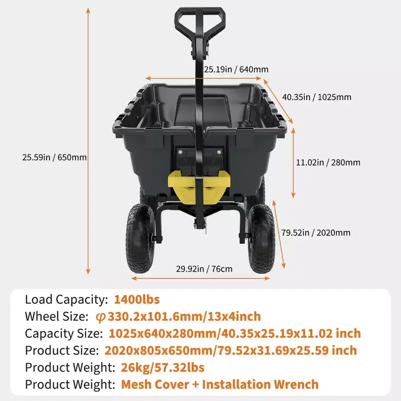 CuisinSmart 1200lbs 7Cu.Ft Wheelbarrow, 2-in-1 Convertible Handle Garden Dump Cart, 13in All Terrain Wheels, Yard Dump Wagon ATV Trailer for Yard