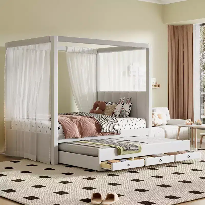 Whisen Full Size Linen Upholstery Canopy Platform Bed with Trundle and Three Storage Drawers