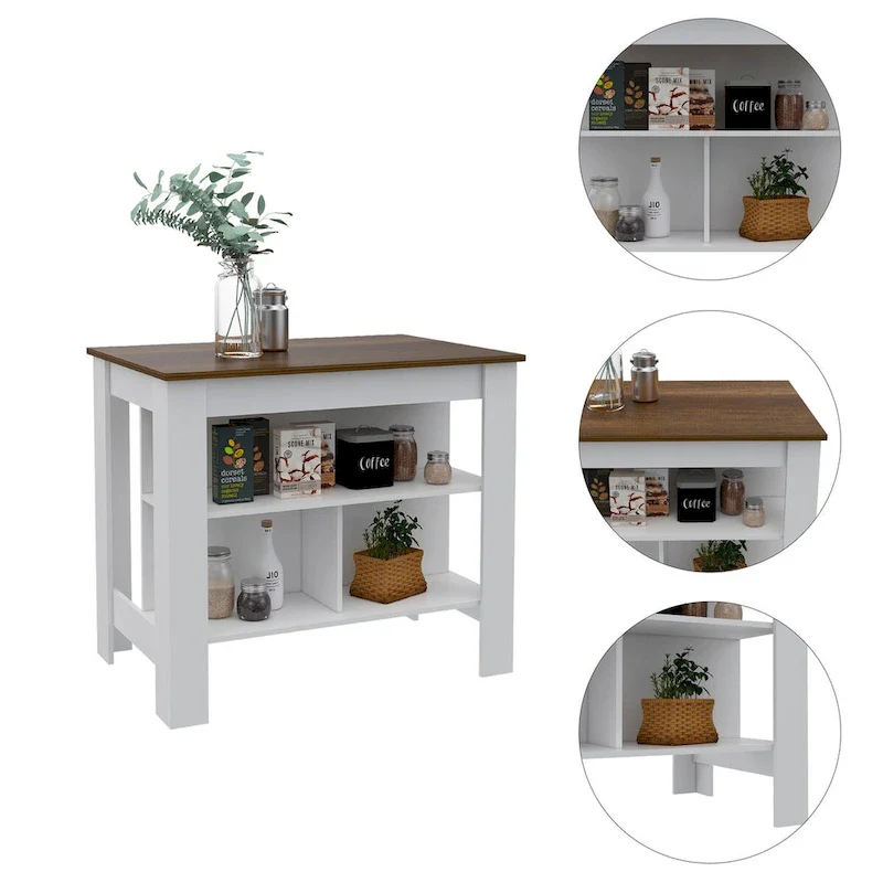 Open Kitchen Island,4 Legs, Three Shelves -White / Walnut