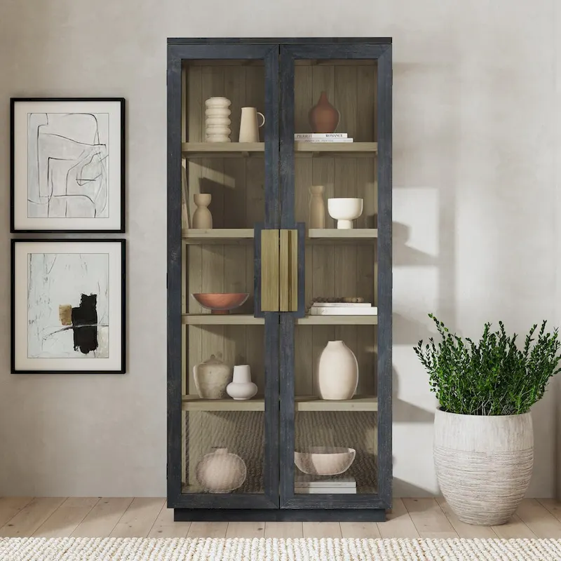 Whitewash / Black 2-Door Glass Cabinet – Reclaimed Pine, 4-Shelf