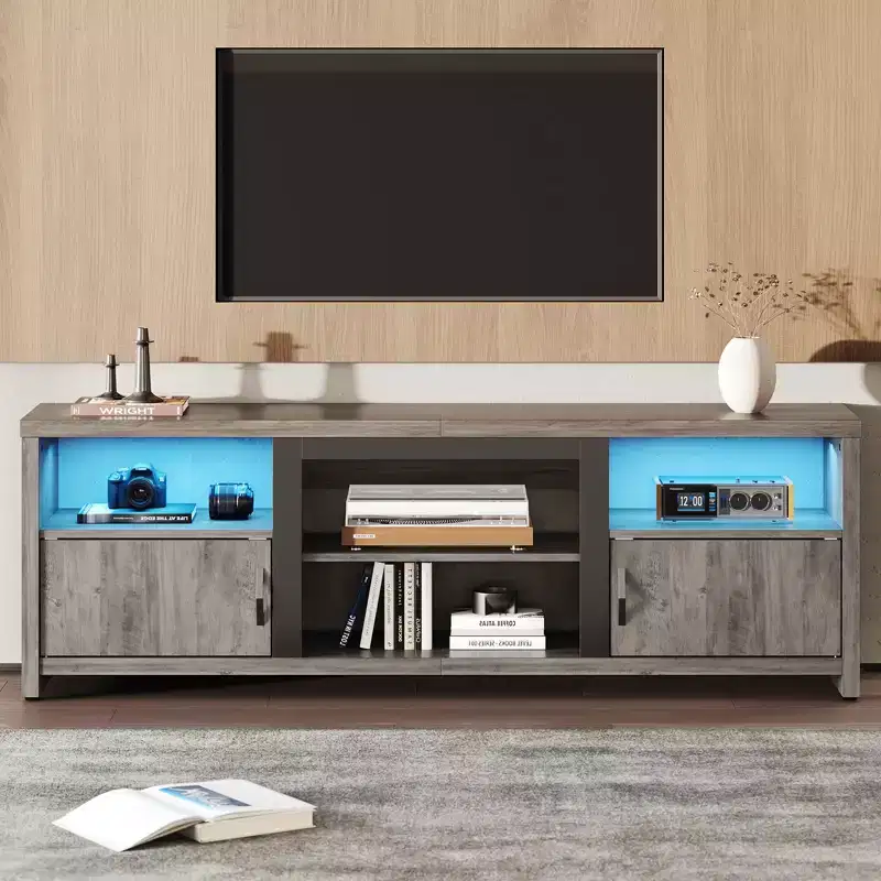 Bestier 70 Inch LED TV Stand with Storage Cabinets with LED Lights, Entertainment Center with Cabinet & Open Shelves