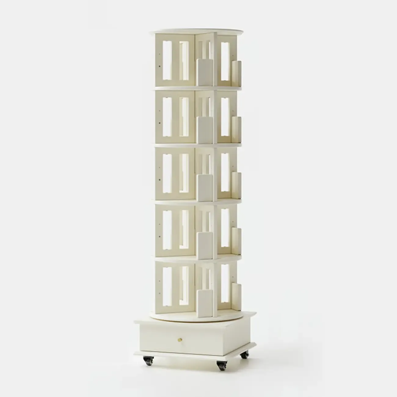 Cylindrical Movable 360° Rotating Wooden Bookshelf with Drawer