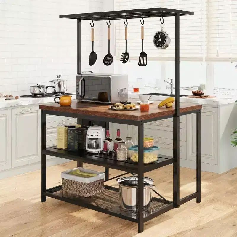 COZONY 47 Inch Kitchen Island with Power Outlet, 3-Tier Storage Shelf, Hooks, Baker Rack Microwave Stand