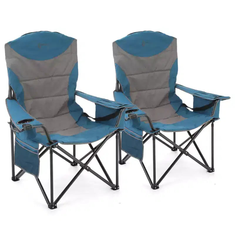 ARROWHEAD OUTDOOR 2-Pack Oversized XXL Portable Folding Camp Chair, Cup & Wine Holders, Armrest Cooler, Carry Bag, 600 lbs Capacity (Blue & Grey)