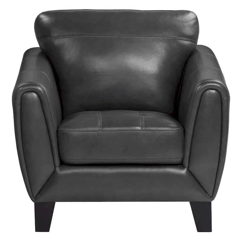 Sofy 37 Inch Accent Chair, Dark Gray Top Grain and Faux Leather, Solid Wood