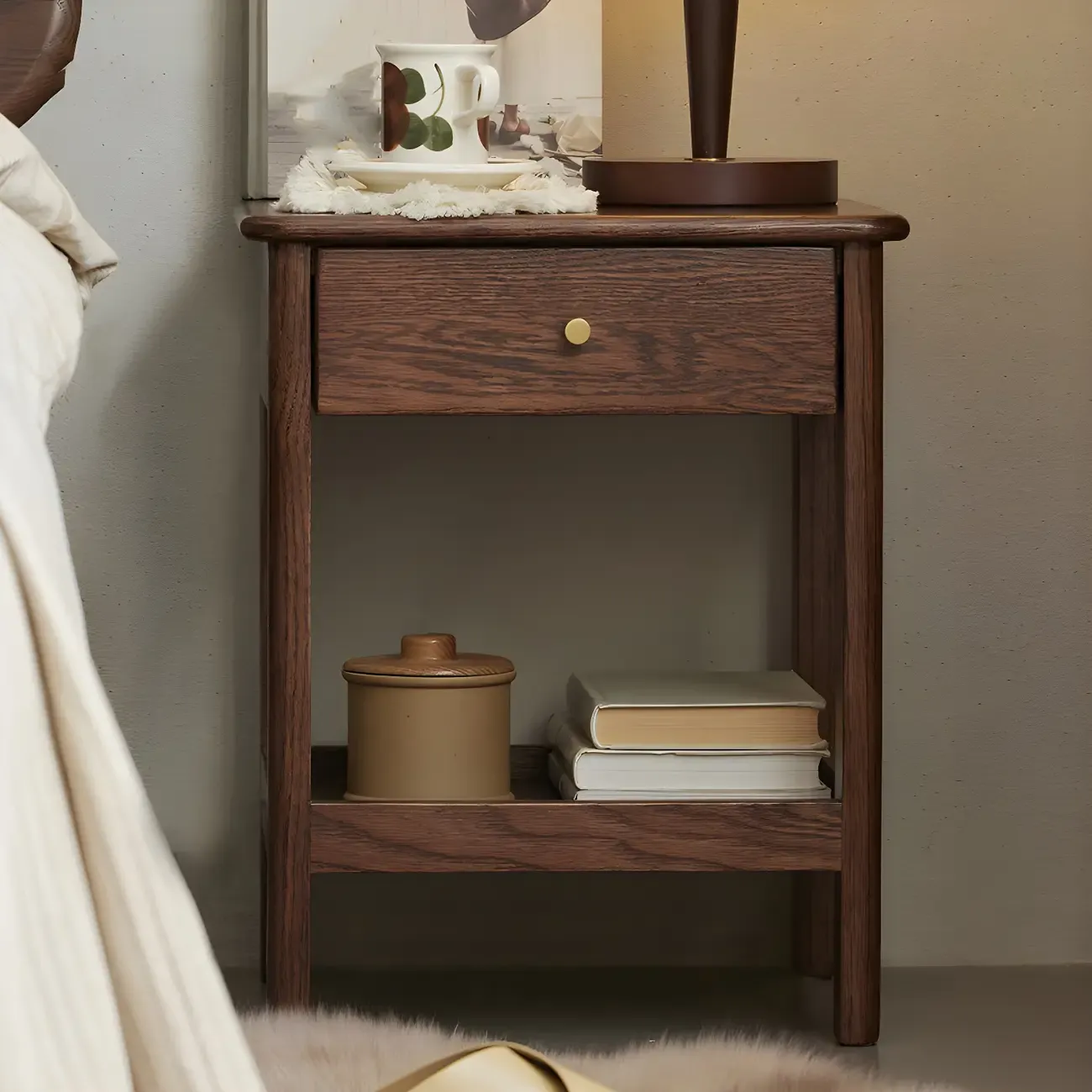 Traditional Narrow Brown Solid Wood Nightstand with Storage