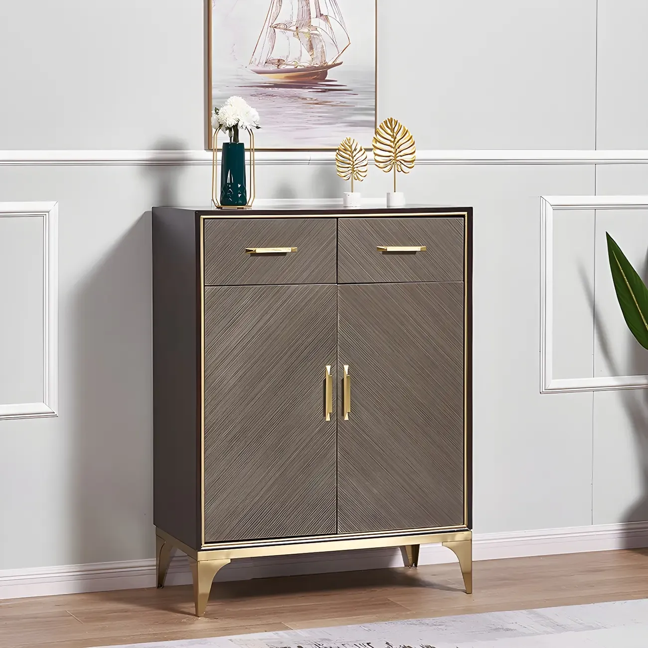 Glam Wooden Sideboard with Drawers & Adjustable Shelves