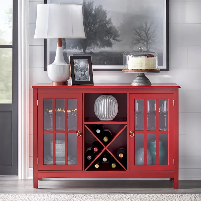 Red / Black / Antique White 2-Door Glass Wine Buffet Sideboard, Holds 12 Bottles