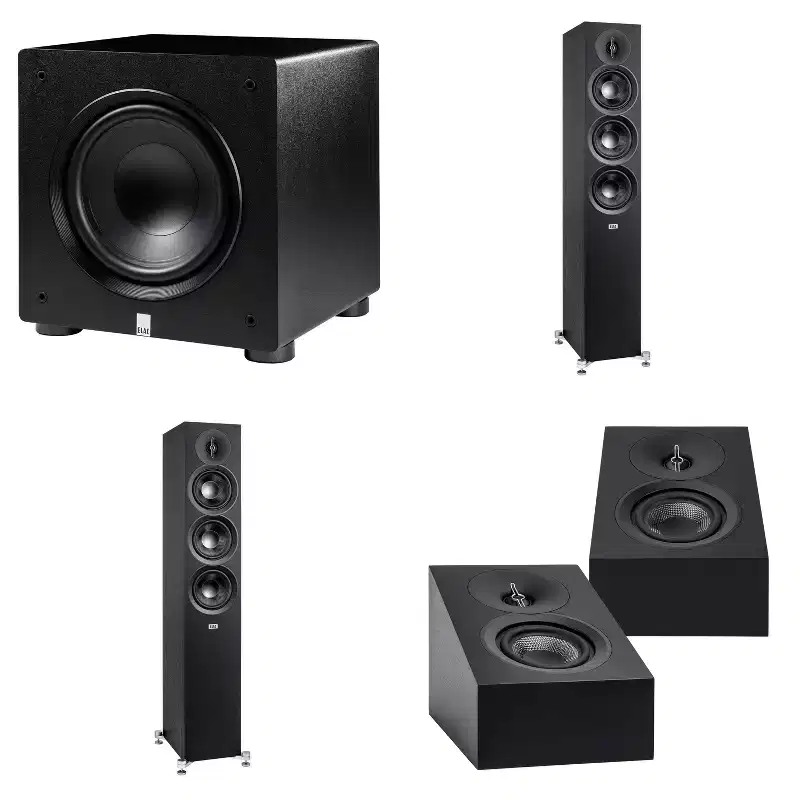 Elac DF53-BK - Debut 3.0 5.25 Floor Speaker - Black (Pair), ELAC DA43-BK Debut 3.0 - DA43-BK Atmos / On Wall speaker, and Elac PS250-BK - Varro Pr...