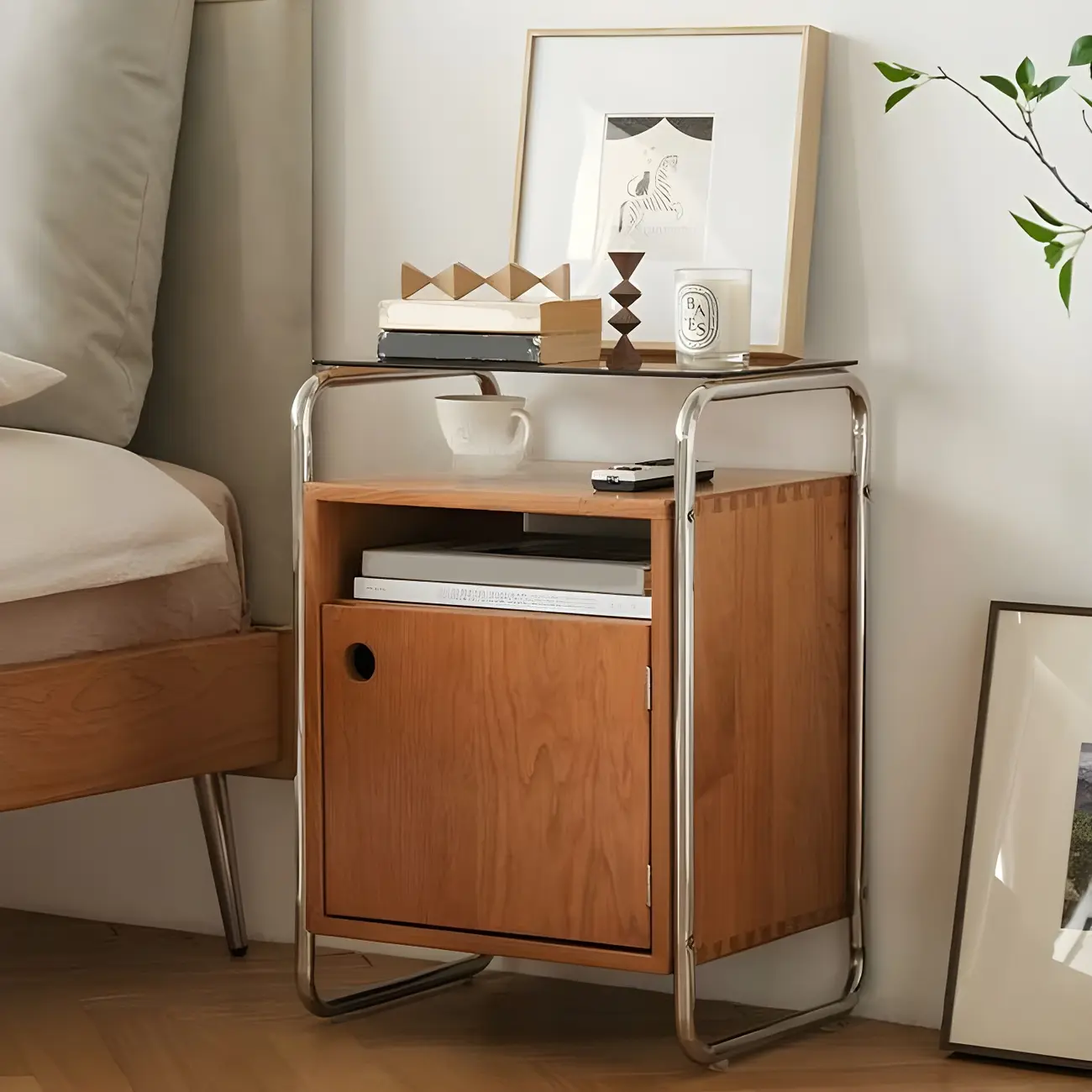 Natural Finish Narrow Glass-Top Light Wood Nightstand