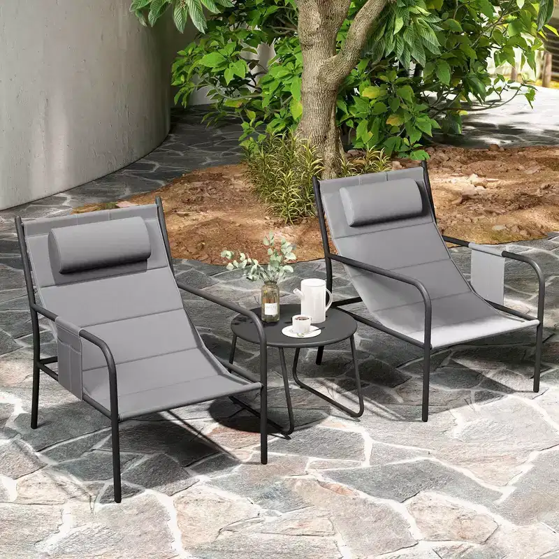 Costway 3 PCS Outdoor Bistro Set Breathable Seat Fabric & Cozy Headrest Metal for Yard