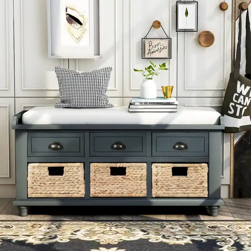 Rustic Storage Bench with 3 Drawers and 3 Rattan Baskets