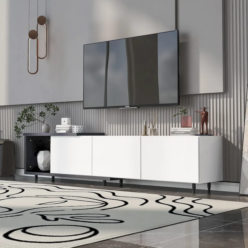 White Modern Extendable TV Stand with 3 Drawers and Shelf for TVs Up to 80