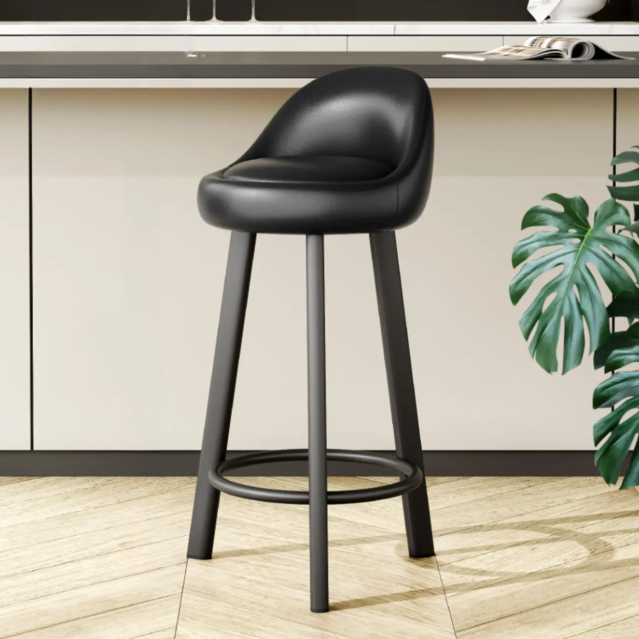Minimalist Round Tripod Faux Leather Bar Stools