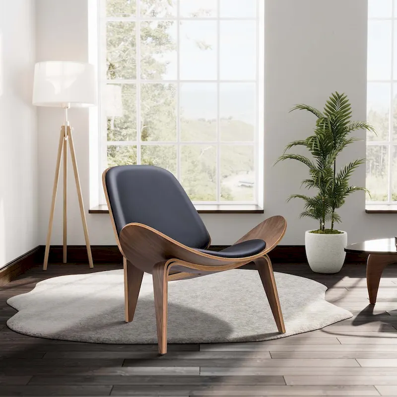 Mid-Century Style Shell Chair Upholstered Leather Lounge Chair