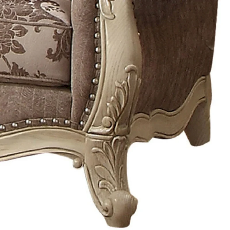 Scrolled Crown Top Fabric Loveseat with Cabriole Legs, Gray and White