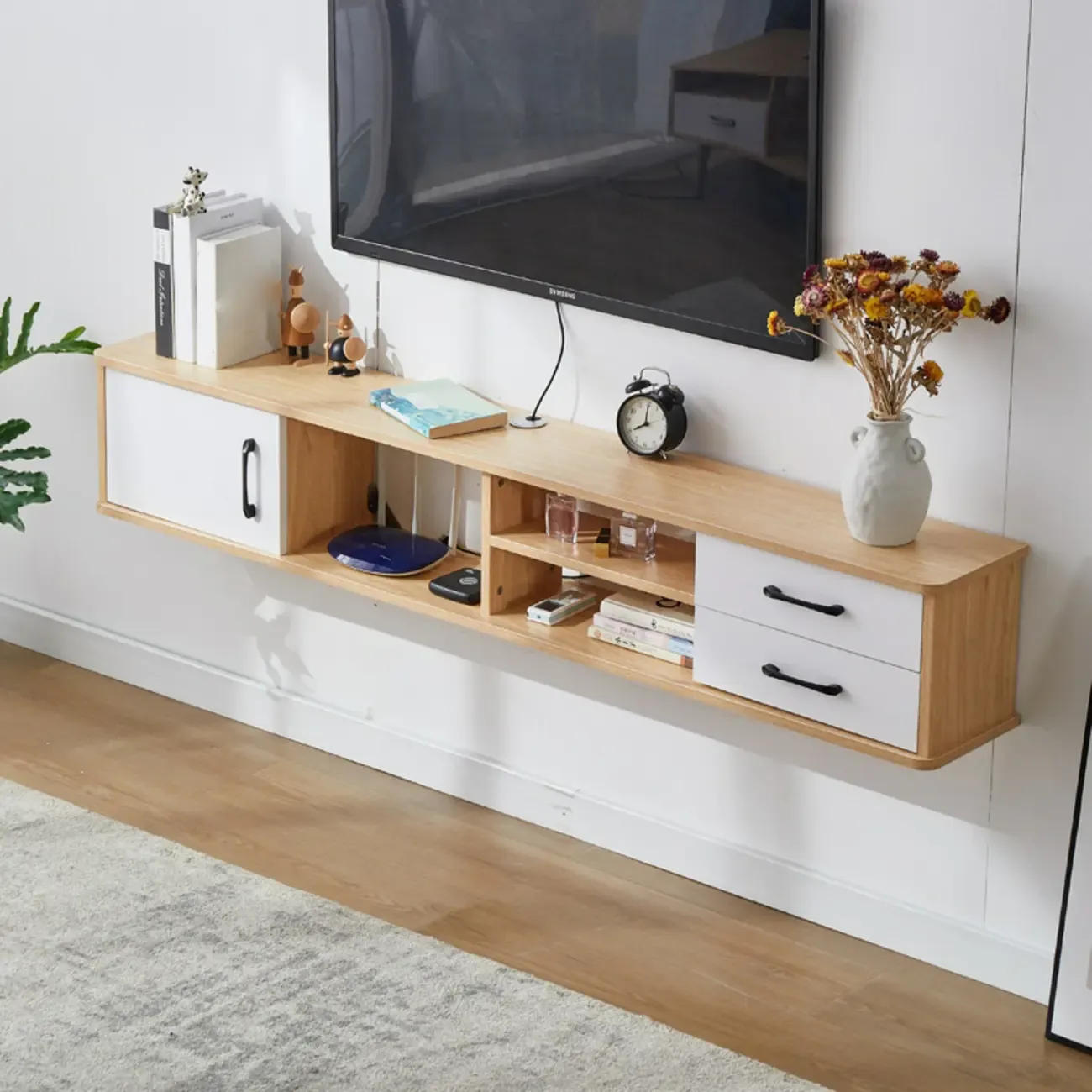 59 Grey Wooden Open Shelf Floating TV Stand with Drawers