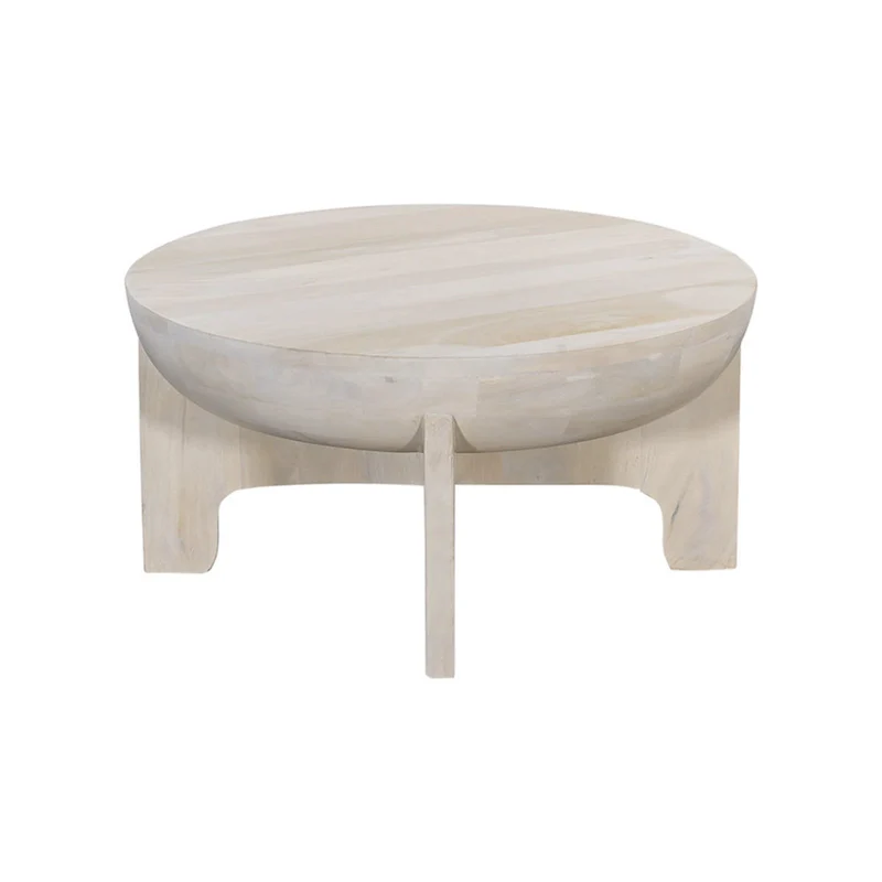 32-Inch Mango Wood Drum Top Coffee Table, Classic Washed White