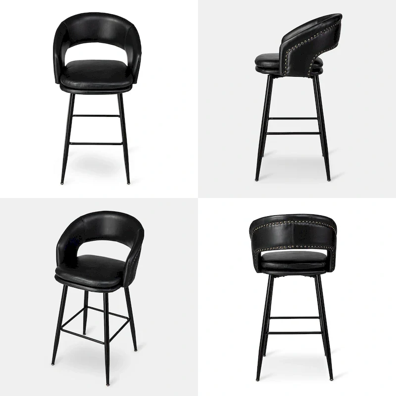 Mid-Century Modern Faux Leather Bar Stool with Nailhead Trim & Metal Legs – Black / Brown