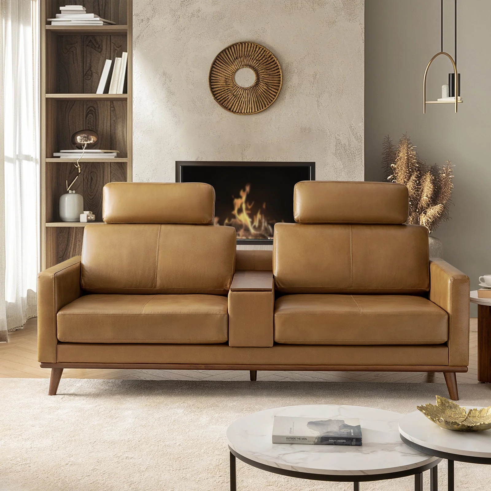 Genuine Leather Sofa with Removable Headrest, Movable Storage Ottoman, Built-in USB Ports & Rubberwood Legs | Camel / Black | 2-Seater