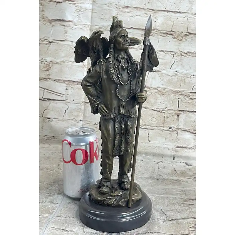 Native American Warrior And Eagle Sculpture Signed Original M. Lopez Bronze