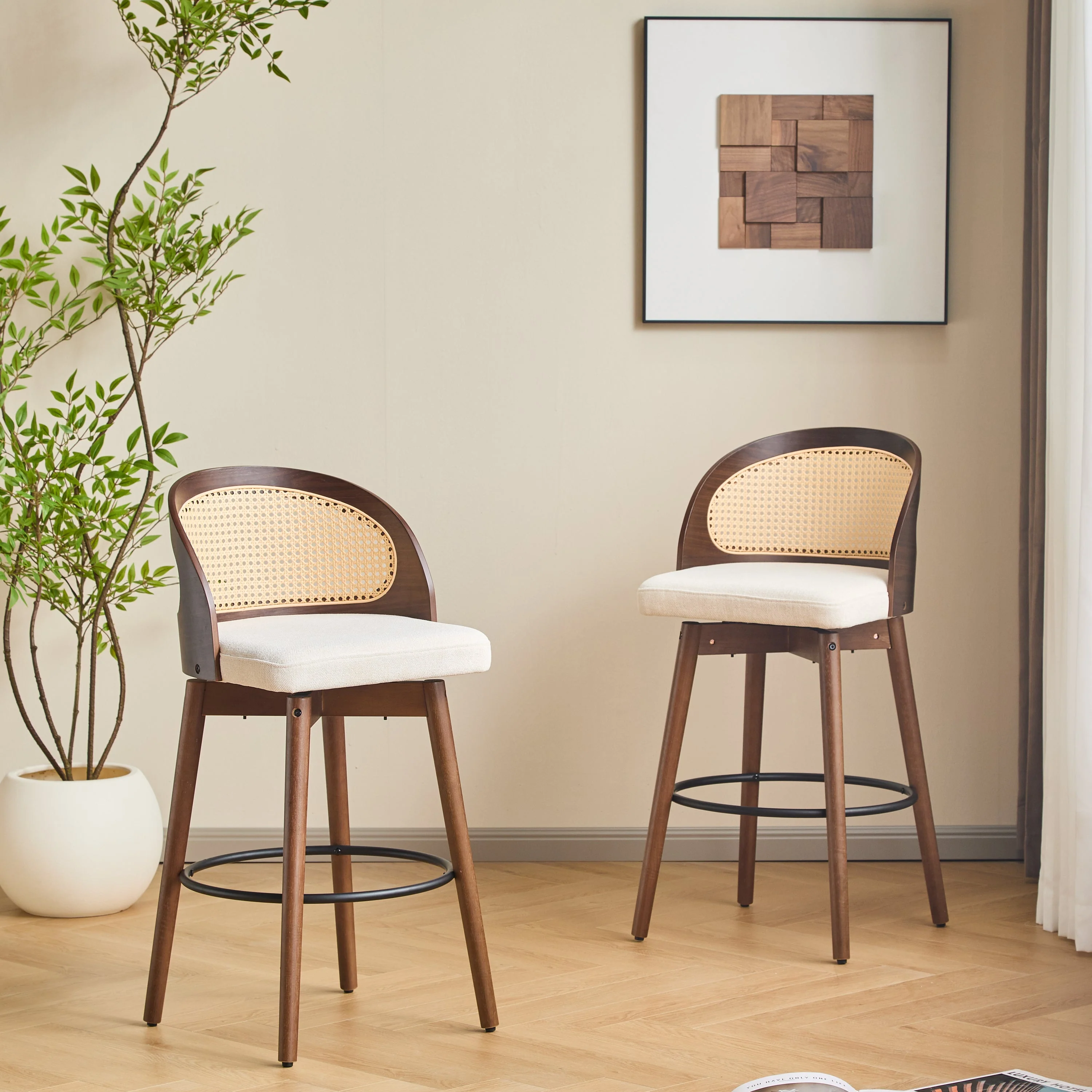 Indoor Wood Barstool, Walnut Finished with upholstery, Set of 2