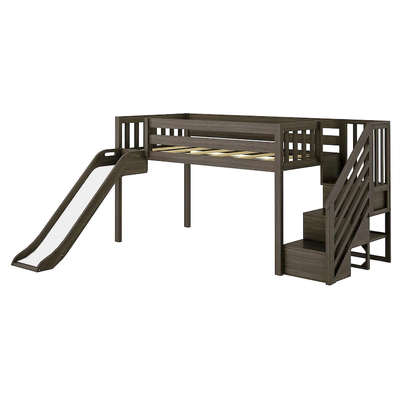 Max and Lily Classic Twin Low Loft with Stairs, Easy Slide and Curtain