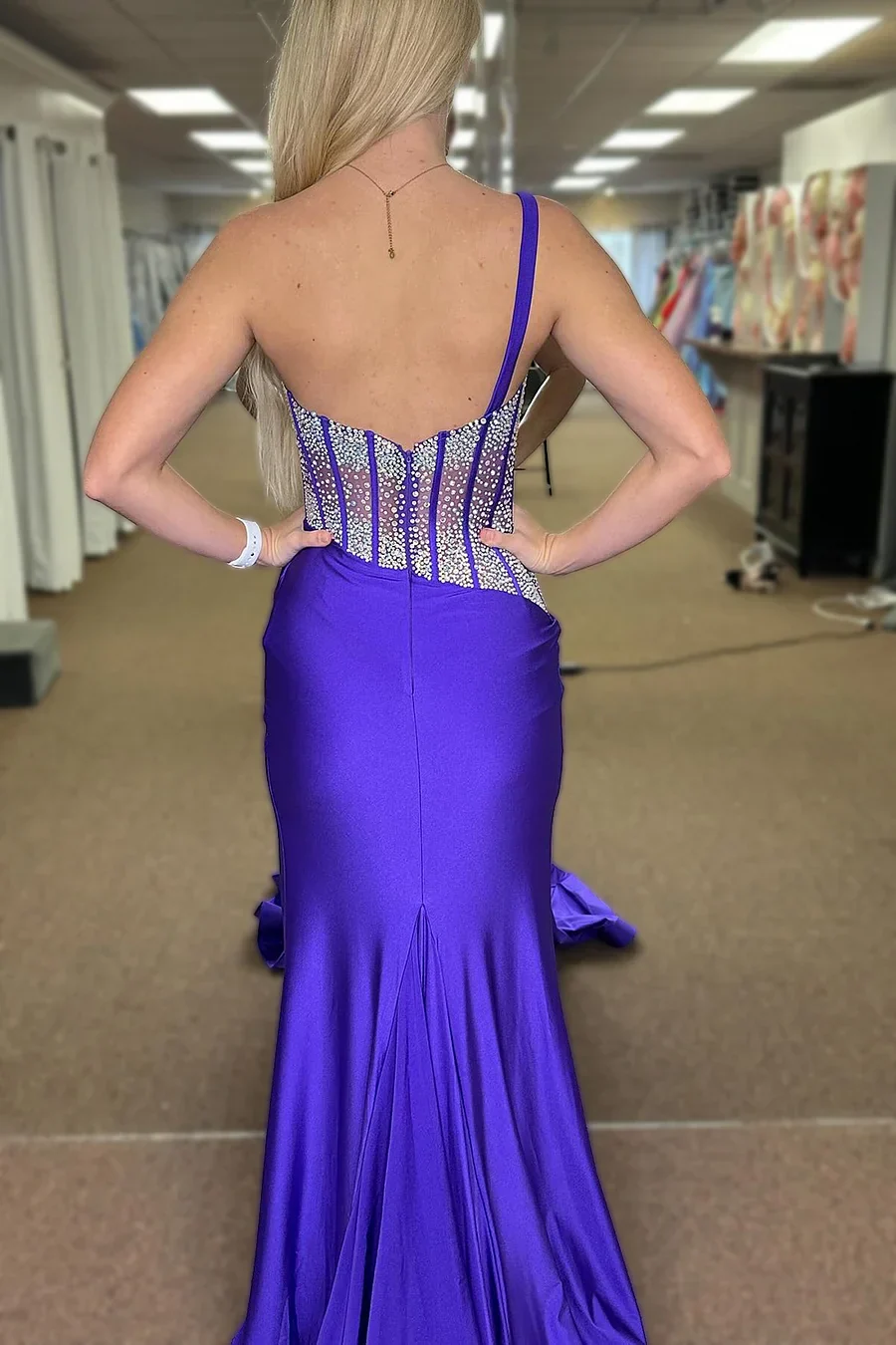 Blue Mermaid One Shoulder Long Prom Dresses with Beaded