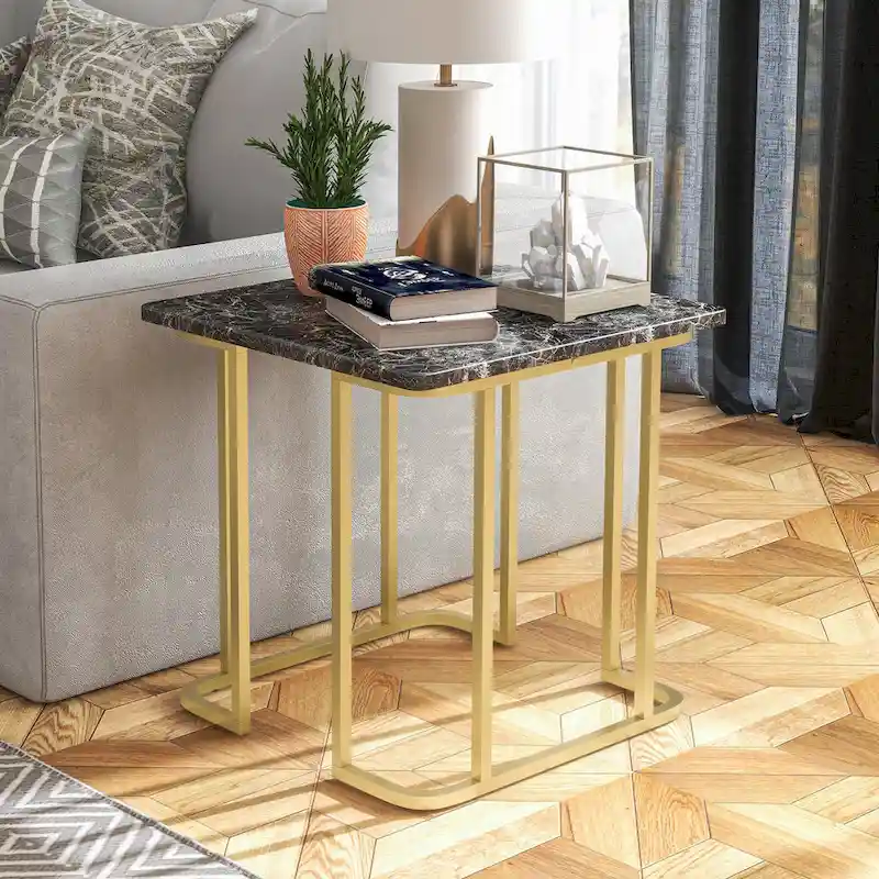 Square Faux Marble Side Table with Metal Base