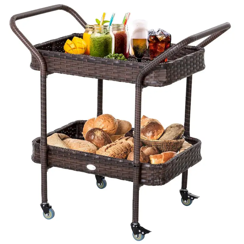 Rattan Wicker Serving Cart with 2-Tier Open Shelf, Brakes