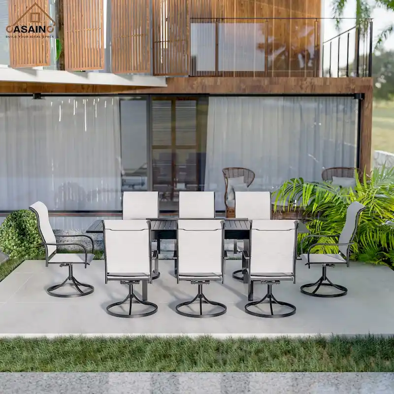 9 Piece Metal Frame Patio Dining Set, Aluminum Extendable Dining Table