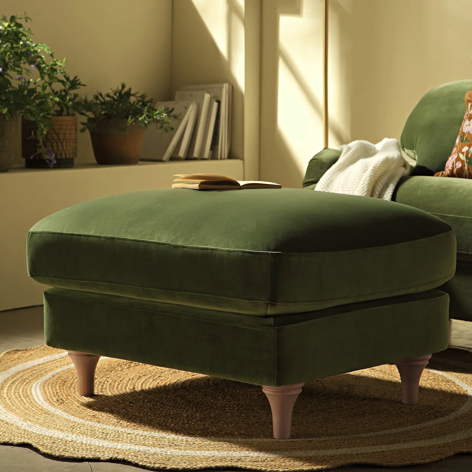 Traditional English Footstool - Fern Green Velvet, Washed Wood Legs, Padded Seat, 31.5
