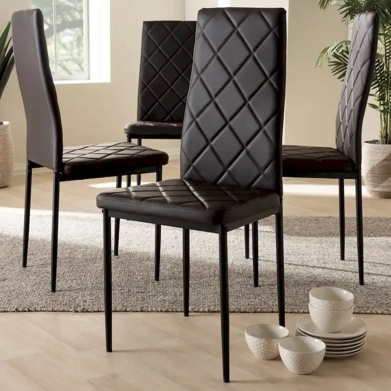 Grid-Tufted Faux Leather Dining Chairs - Black - Set of 4