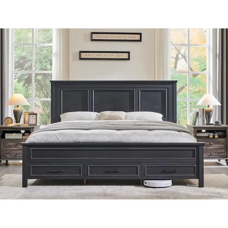 Farmhouse King Wood Bed Frame with Headboard, Platform Bedframe